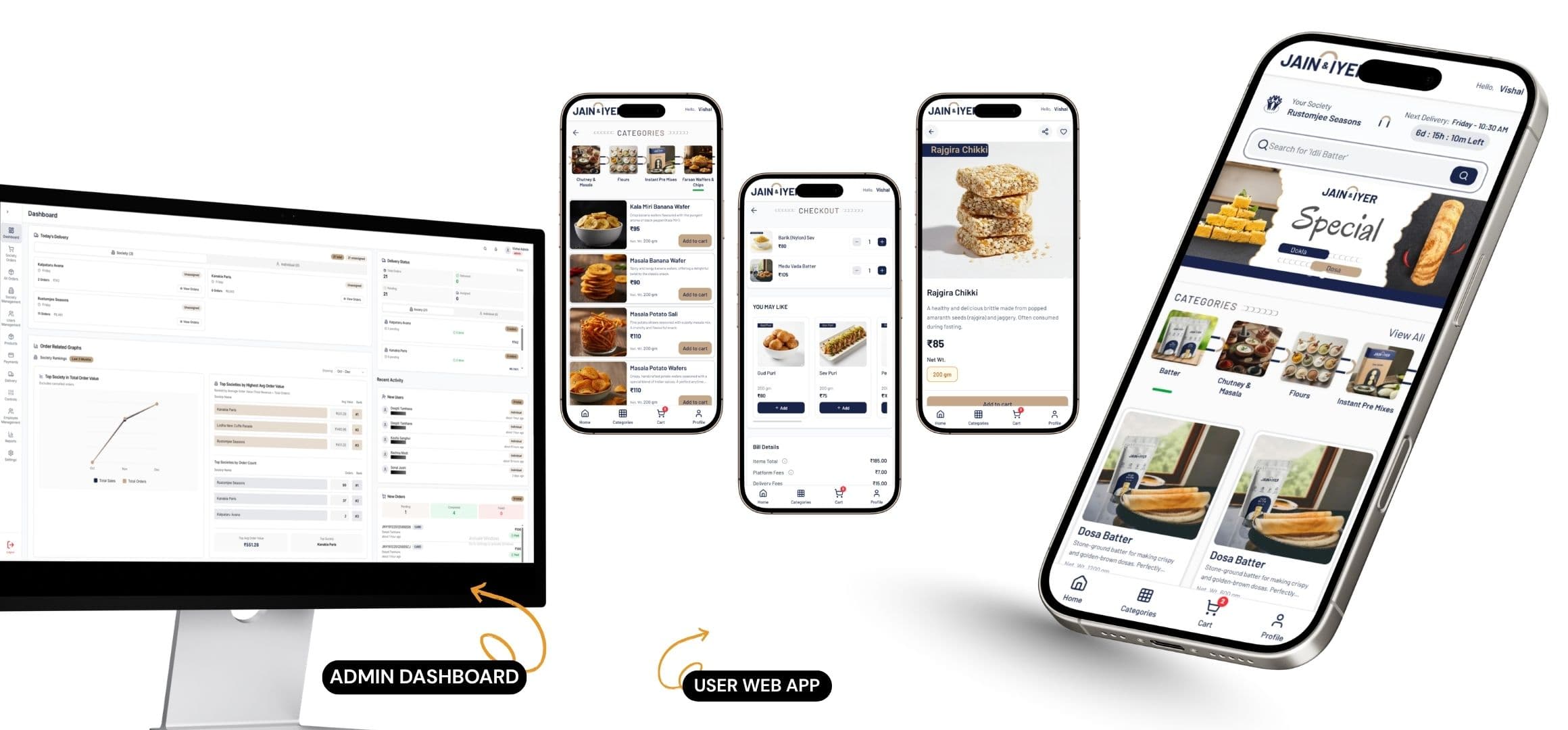 Jain & Iyer commerce interface shown on desktop and mobile devices