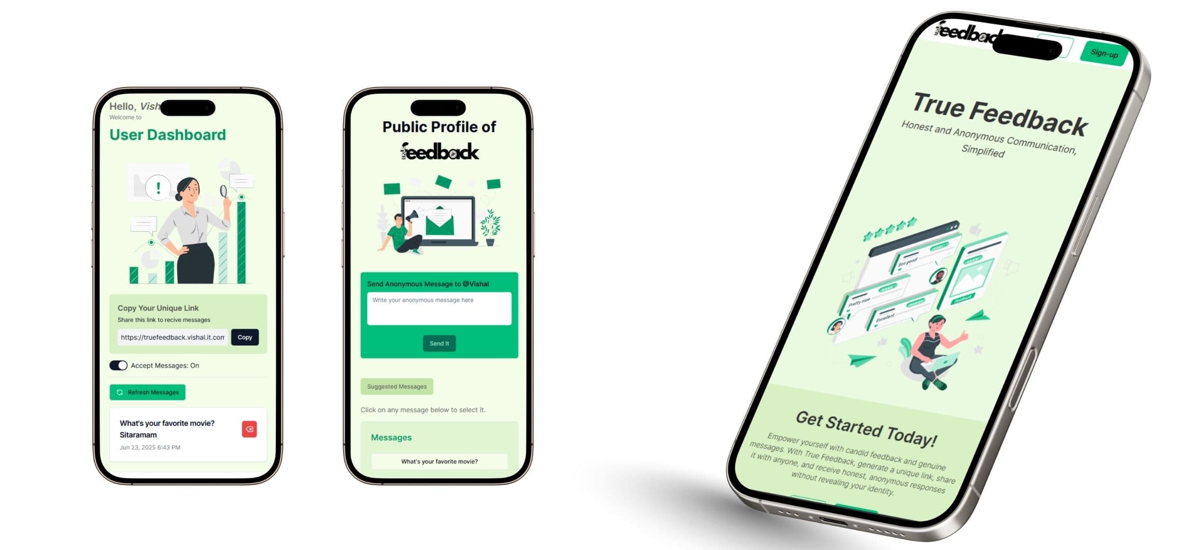 True Feedback public submission page and private dashboard previews