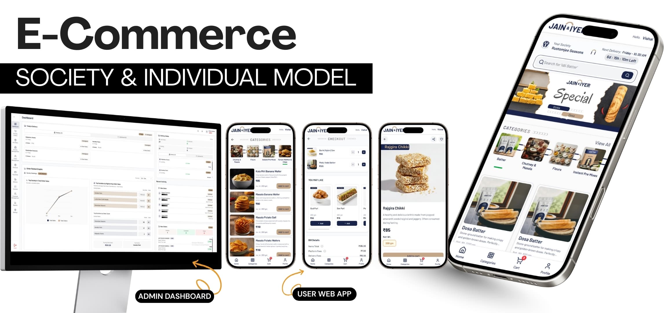 Jain & Iyer commerce interface shown on desktop and mobile devices