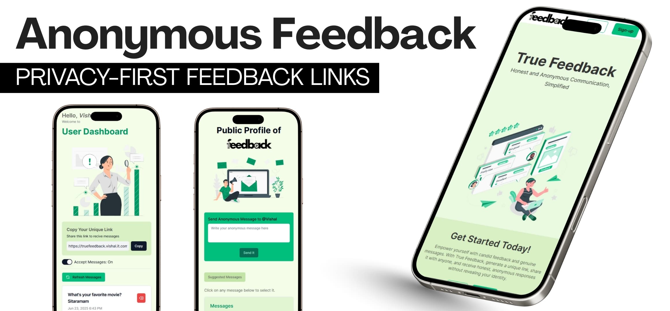 True Feedback public submission page and private dashboard previews